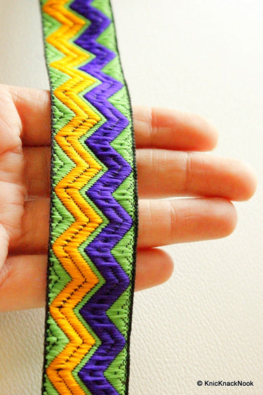 Green, Blue And Yellow Thread Cotton Lace Trim, 28mm wide